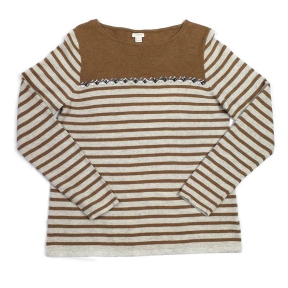 J Crew Factory Breton Tan Cream Stripe Long Sleeve Embellished Sweater Womens XL - Picture 6 of 10